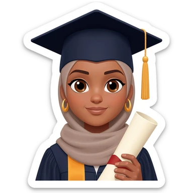 school graduation with a pretty female with hijab,  graduating student, brown eyes, big earrings and brown tan sticker