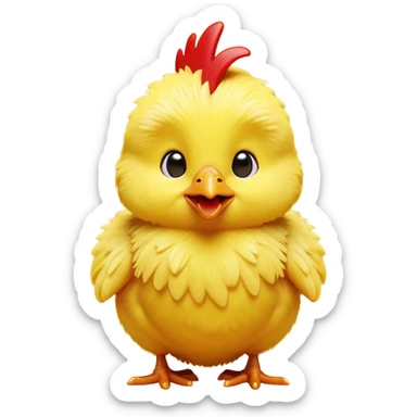 Cinematic Comical Yellow Baby Chicken Portrait Emoji, Head tilted dramatically with an exaggeratedly amused expression, featuring a striking, fluffy yellow downy coat with a tiny quirky red comb, wide, expressive beady eyes filled with playful disbelief, Simplified yet hilariously expressive features, highly detailed, glowing with a slightly sassy glow, high shine, dramatic yet playful, stylized with an air of cheeky mischief, bright and endearing, soft glowing outline, capturing the essence of a spirited and over-the-top chick, so meme-worthy it feels like it could peep its way into internet fame instantly! sticker