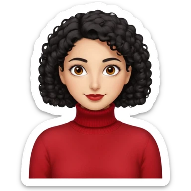 30 yr iranian woman black hair curly wavy short hair, red turtle neck sweater, very thick eyebrows, light skin, dark brown eyes, small smile sticker