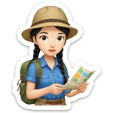 A braid black hair backpacking woman checking her map with curious eyes while walking with camping hat full body sticker