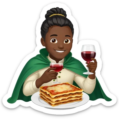  High fade widows peak ponytail dreadlock male black hair dark skin smiling and nigerian cape eating lasagna and wine while flying sticker