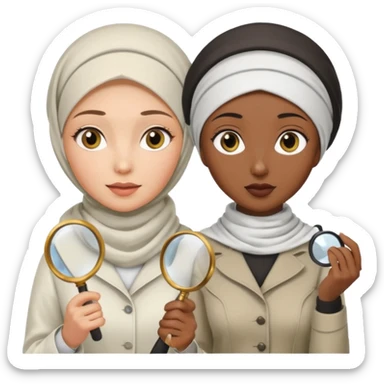 one wite hijabi one dark skin with her hair  out and hand lens and hat like true private inbestigators sticker