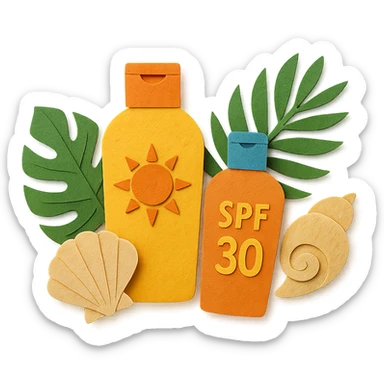group of sunscreen bottles, shells, and tropical leaves, layered paper effect, paper-craft style sticker