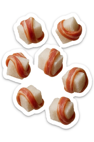 zollette di zucchero fluttuano in aria con pezzi di colon arrotolati intorno ad ogni zolletta, iperrealistico 4k sticker