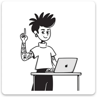 Punk rock female student with mohawk, facial piercings and full sleeve tattoos, smiling confidently while raising hand in class, laptop on desk, wearing band t-shirt sticker