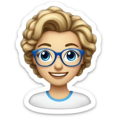 Mujer-pelo casi blanco-corto- con gafas azules- sonriendo-escribiendo en ordenador sticker
