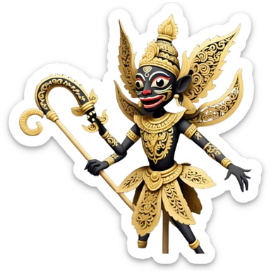 Wayang – Cinematic Realistic Wayang, depicted as intricately carved traditional Indonesian shadow puppets with expressive features and vibrant cultural motifs, set against a dark, dramatic backdrop with subtle glowing highlights that evoke the mystical art of shadow play. sticker