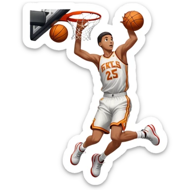 An icon showing a close-up of a basketball player in mid-air, performing an impressive dunk, inspired by NBA 2K25. The player is focused, with the ball in hand and the court in the background. Bright lights emphasize the action and excitement. Transparent background. sticker