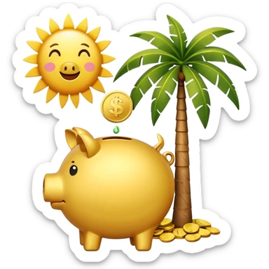 A simple emoji-style icon: A piggy bank with a coin dropping into it, next to a small palm tree and sun, symbolizing saving today for retirement tomorrow. Minimalist, clean design, consistent with emoji aesthetics. sticker