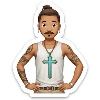 Deci creează mi un emoticon cu un băiat mai creol care are doar o coadă are cercel intr o ureche are tatuaje și barba cioc și mustața și are lanț la gât cu cruce vreau să fie cu totul cu tot cu corp și cercel vreau să aibă doar intr o ureche nu în ambele  sticker