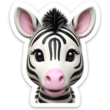 Cinematic Cute Zebra Portrait Emoji, Head tilted playfully and inquisitively, featuring a glossy, intricately striped Fur of black and white with round, sparkling eyes filled with curious wonder, Simplified yet irresistibly adorable features, highly detailed, glowing with a warm, friendly glow, high shine, affectionate and spirited, stylized with a touch of savannah whimsy, bright and endearing, soft glowing outline, capturing the essence of a mischievous yet loving zebra, so playful it feels like it could prance out of the screen and into your arms! sticker