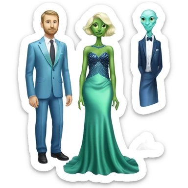 alien reptilian green skin woman, in long slim pastel blue formal party satin dress with gradient shiny sparkling navy blue diamonds embroidered , and caucasian man in black dres on his knees asks her to marry her sticker