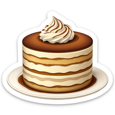 Tiramisu Cinematic Realistic Tiramisu Dessert Emoji, depicted as a delightfully messy, layered tiramisu with coffee-soaked sponge and mascarpone cream, rendered with rich textures and warm, indulgent lighting. sticker