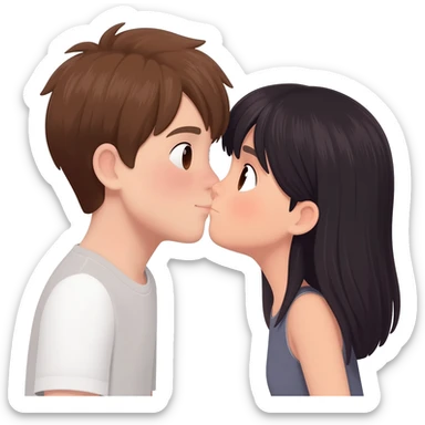 Asian girl kissing white boy with brown hair sticker