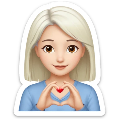 Beautiful girl. Platinum-colored hair just below the shoulders, straight, brown eyes, sweet smile. Hands in the shape of a heart. sticker