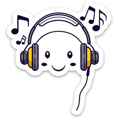 Cute headphones with smiling face and music notes around sticker