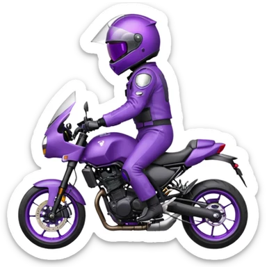 Créer un emoji avec une moto mt07 sport noir mate / violet iridescent très foncé. Avec une pilote dessus visière violet sombre faceless, bulle de la moto violet. Avec fond arrière violet, tenue complète casque inclus violet  sticker