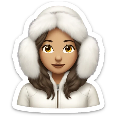 brunette girl with long hair with a light olive skin color and brownish eyes wearing fluffy white ear muffs and a white fur coat  sticker