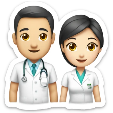 A Chinese girl in QiPao looked at a male doctor in white uniform admired  sticker