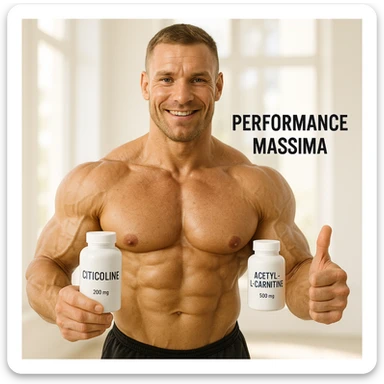 hyper realistic bodybuilder showing citicoline and acetylcarnitine bottles with thumbs up, defined muscles, text 'Performance massima', bright environment, motivational atmosphere sticker