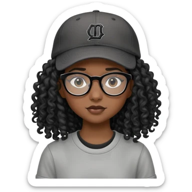 Nữ 15 tuổi, da đen, đeo kính gọng màu đen, tóc dài( màu đen, xoăn), mũ lưỡi trai đội ngược ra đăng sau, áo màu ghi sticker