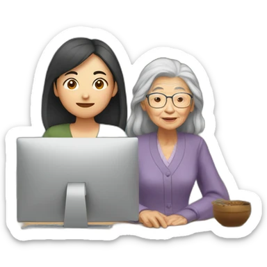 young asian lady with long hair in front of computer with old grandma standing next to her sticker