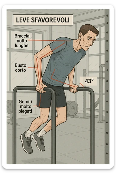 a tall, lean man with very long arms and a short torso attempts a dip on parallel bars. His elbows are deeply bent and his body appears awkwardly positioned, highlighting the mechanical disadvantage. An overlay shows anatomical lines and angles, with labels explaining “Leve Sfavorevoli” The background is a modern gym, with a focus on biomechanics. in italiano sticker