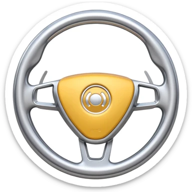 A futuristic steering wheel emoji made of silver chrome, minimal geometric design, smooth metallic surface, soft reflections, iOS emoji style, centered, clean white background sticker