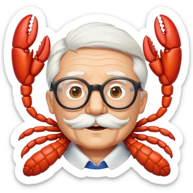 senior lobster with white hair and glasses, elderly lobster character with white eyebrows and whiskers, wearing round glasses sticker