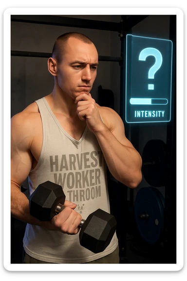 Realistic vertical image of a man in a gym, with face and physique identical to the reference photo, holding a dumbbell and looking at a digital display with an intensity bar halfway and a question mark. Thoughtful expression, realistic environment. sticker