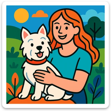 red headed woman with a Westie dog, vibrant and friendly scene sticker