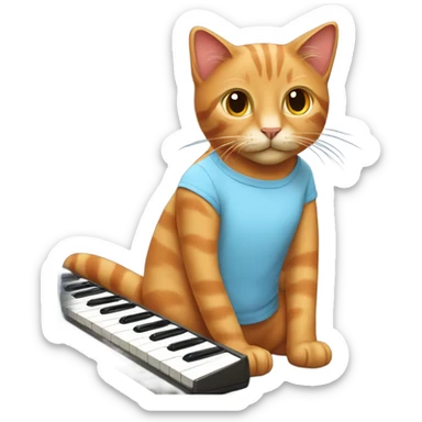 tan-red cat wearing a light-blue t-shirt taps musical keyboard sticker
