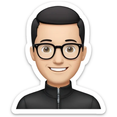 Light-skinned man with black hair in very short almost-buzz cut (minimal length but visible), short graying beard, big black glasses frames, happy smile, black long sleeve shirt with zip at neck sticker