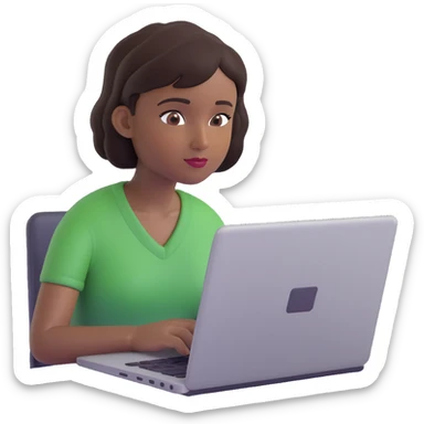 memoji-style young woman with short dark hair and dark skin tone, focused on her laptop, minimal background sticker