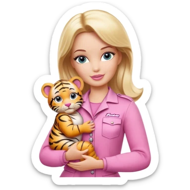 Blonde zookeeper Barbie wearing pink outfit, holding a baby tiger sticker