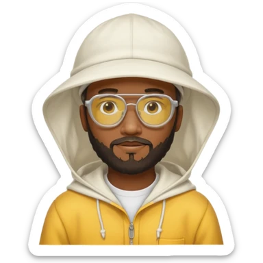 black male bee keeper with beard, white hat and yellow glasses, white outfit, white hood sticker