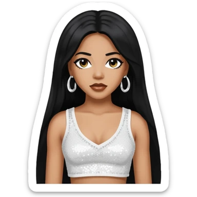 Aaliyah with long black hair, white sequin crop top, medium dark skin sticker