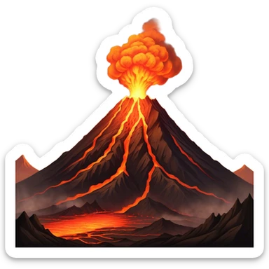 Cinematic Realistic Volcano Emoji, Powerful and awe-inspiring, with molten lava flowing from its jagged, smoking peak, casting an orange glow in the surrounding darkness. The landscape around it is barren and rocky, with clouds of ash rising into the sky. Soft glowing outline, capturing the essence of raw power and fiery energy in a towering volcano. sticker