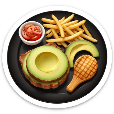 pork chops, fries, tomato onion salad, and avocado  sticker