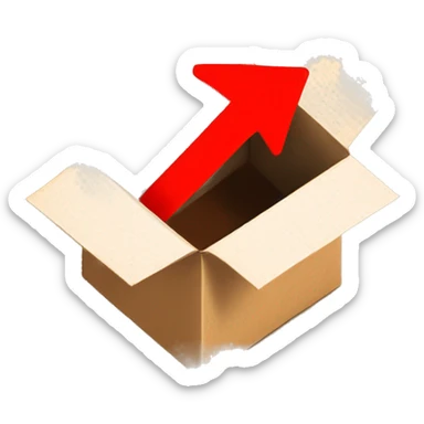 open cardboard box with a red arrow pointing inside from the air above sticker