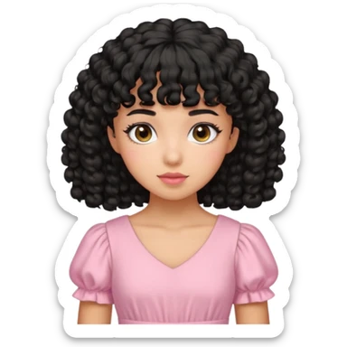 uma menina de pele oliva e cabelos pretos encaracolados e com franja encaracolada e um vestido rosa pastel sticker