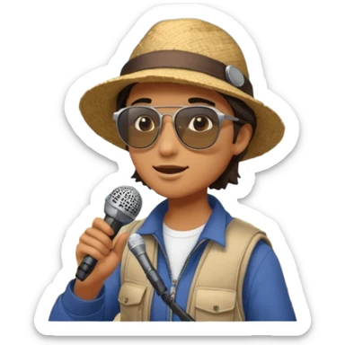 Icon for Documentary Film: A TV-style design with a traveler speaking in front of ancient ruins. Include details like a microphone, the traveler in casual explorer attire, and the ruins in the background. Capture the atmosphere of an informative journey through history. Transparent background. sticker