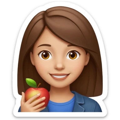 happy girl with medium straight brown hair, light skin tone, apple emoji style sticker