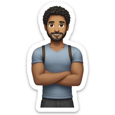 men holding his computer in hands. light brown skin men with curly black hair, dark brown eyes, little grown beard. little bit muscular. dressed casual. round face. sticker