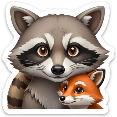 Collage of a raccoon and a fox, in close-up, set in a beautiful forest with tall trees, green bushes, and sunlight filtering through the leaves and flowers. A vibrant, wild atmosphere with a transparent background. sticker