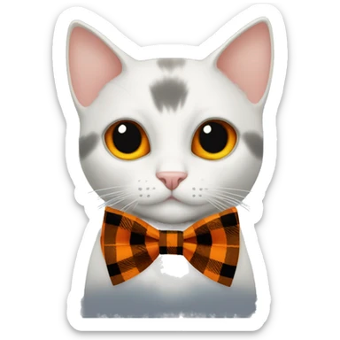 Black cat with orange eyes. Orange plaid bow tie with pumpkin charm sticker
