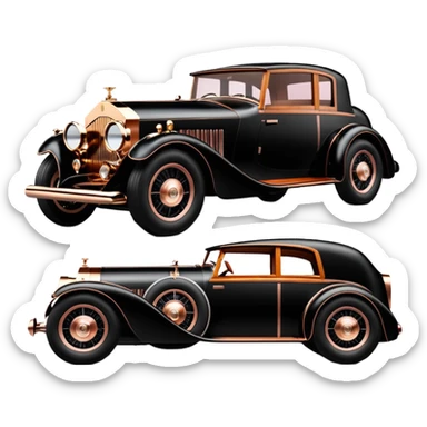 Dark black Bare bones streamlined stripped down hot rodded inlaid rose gold and wood accentuated sporty 1932 Rolls Royce with futuristic electric spaceship plasma neon glowing motors and lightening dynamos with wide racing wheels that are held strong by advanced suspension and steering sticker