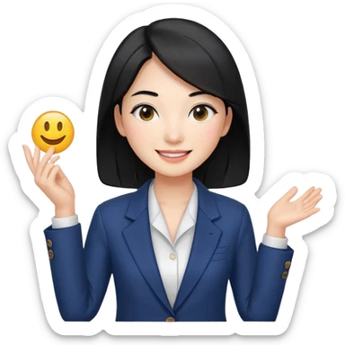 a korean cosmetics marketing expert women smiling with black hair, presenting sticker