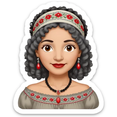 Latina woman, about 50 years old, warm light brown skin, round soft face, curly black and gray hair, red and white headband, medium eyes, thin eyebrows, gentle smile, gray peasant blouse with embroidery, bare shoulders, large dark necklace sticker