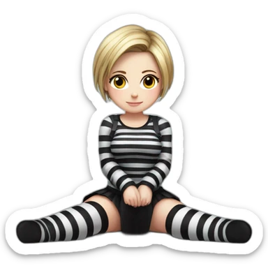 Full body Front view curvy emo girl sits on the floor straight view hands up black skirt striped stockings sticker